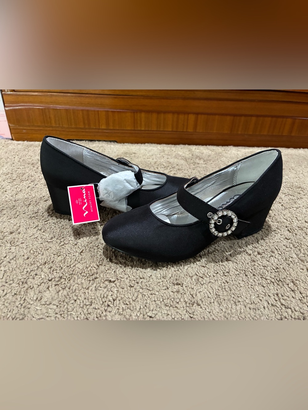Nina Black Dress Shoes Little Girls Size 2 Low Block Heel Rhinestone Buckle Foam
